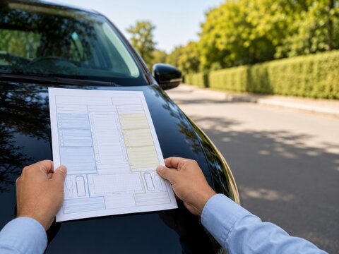 Esquema de planificaci&oacute;n sostenido por una persona frente a un coche en un d&iacute;a soleado