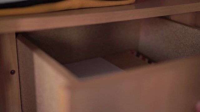 Hand pulls a wooden drawer cabinet. Storage solution, furniture design, home organization, and domestic lifestyle.