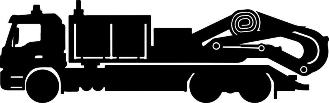 Black silhouette truck, heavy duty towing vehicle, industrial transport, flatbed trailer