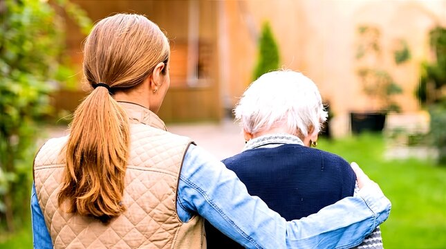 Back view of a young woman with her arm around an elderly woman's shoulder as they walk together outdoors, representing emotional support, friendship, and intergenerational bond.