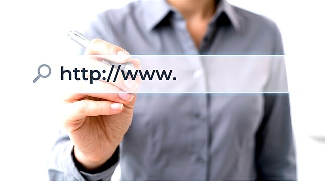 Close-up of a businesswoman holding a pen and interacting with a transparent virtual internet search bar containing http://www. text and a magnifying glass icon, representing web browsing.
