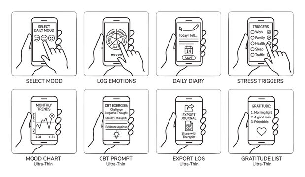 Mental health app screens for mood log emotions daily diary stress triggers gratitude list.