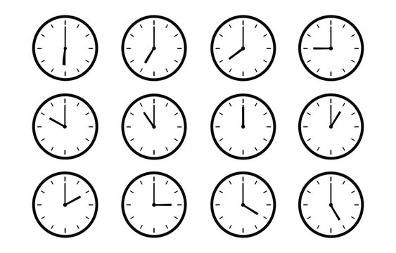 Set of twelve black wall clock faces vector icons on white background