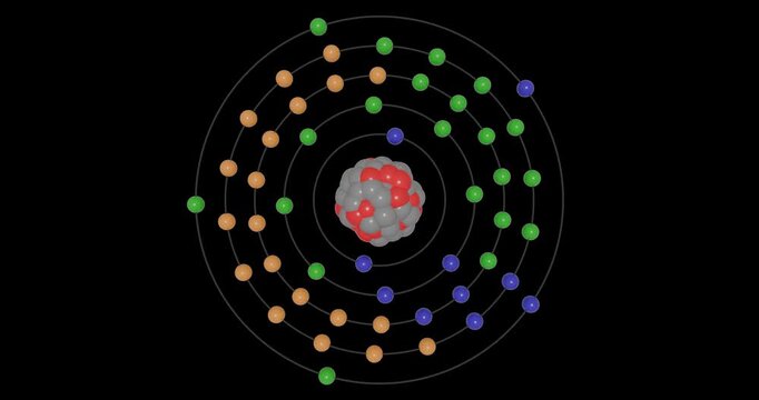 3D animation of an antimony atom on a transparent background showing shells, subshells, electron orbits, and a nucleus with protons and neutrons, illustrating atomic structure and energy levels.