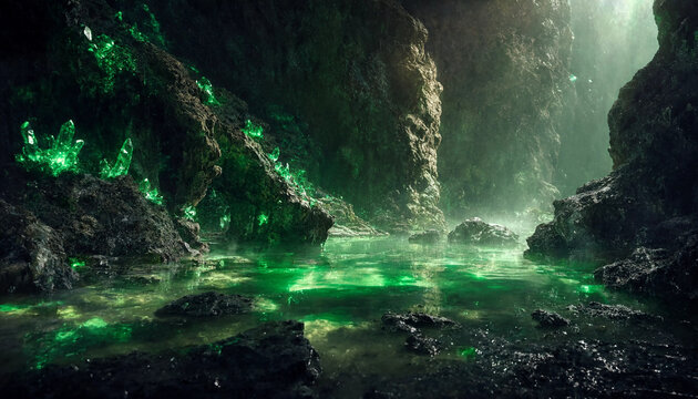 Underground cave interior with a green glowing lake and jagged rock formations covered in emerald crystal clusters in a dark cavern