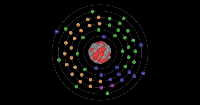 3D animation of a Cerium atom on a transparent background showing shells, subshells, electron orbits, and a nucleus with protons and neutrons, illustrating atomic structure and energy levels.