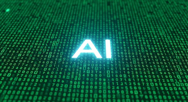 Glowing AI Text On Green Binary Code Matrix Digital Background For Artificial Intelligence Concept