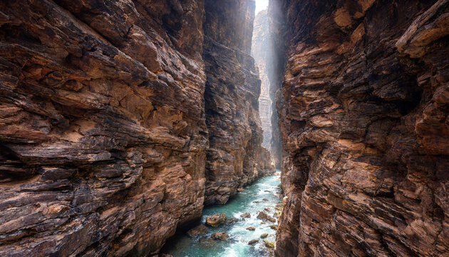 Narrow river flowing through a deep rocky canyon with steep vertical stone walls and light rays filtering down into the blue water below scene