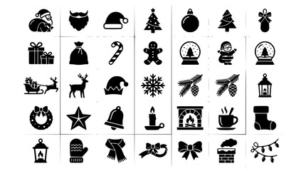 Obraz premium Christmas Holiday Black Icon Collection with Santa Tree Gifts and Winter Symbols
