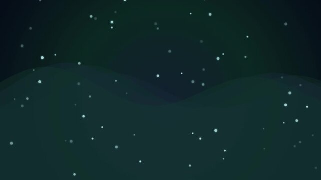 Dark green hills with glowing white particles floating in night sky
