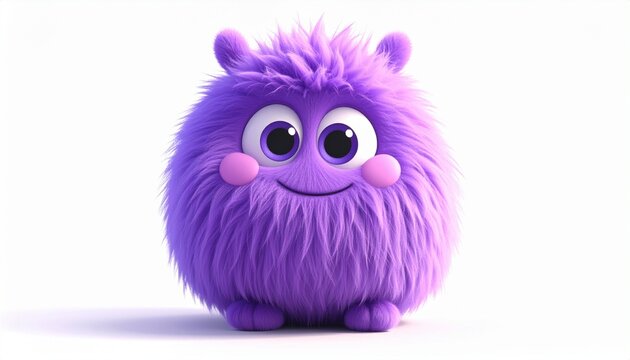 Fluffy purple monster smiles brightly, horns and eyes radiate friendliness, charm, and whimsical joy.