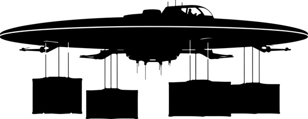 Obraz premium Futuristic cargo spaceship silhouette, sci-fi transport spacecraft carrying freight containers, black flying saucer vector icon for gaming