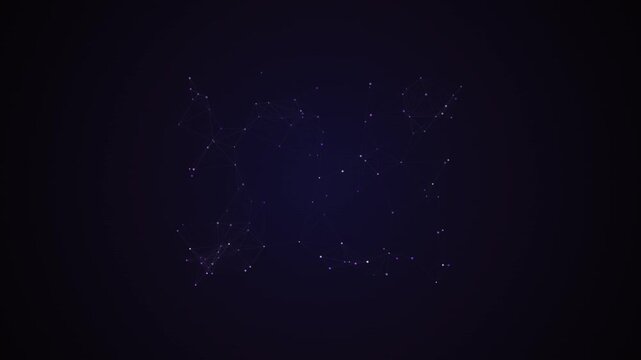 Glitching purple particle network forming abstract geometric shapes on dark background
