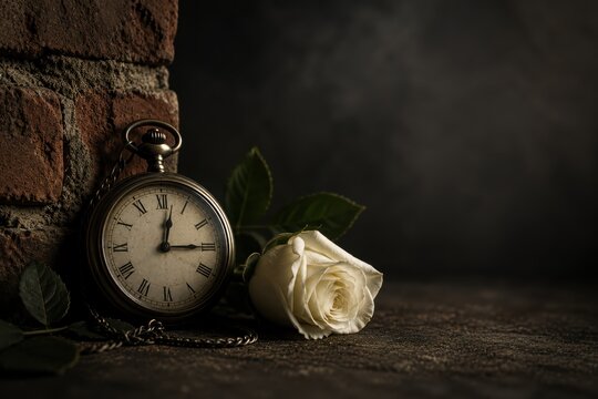 Vintage Pocket Watch and White Rose Beside Weathered Brick