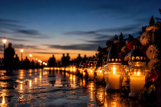 Glowing Memorial Candles Reflected on Wet Pavement at Evening Vigil