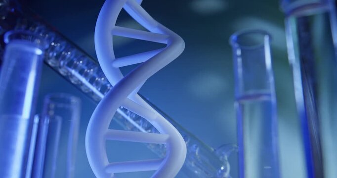 Slow motion dna helix rotating between glass test tubes in laboratory research setting, blue background.