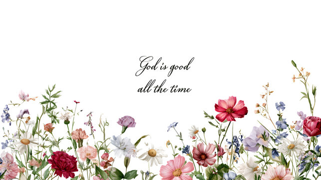 Watercolor wildflower border with various colorful blossoms and religious text isolated on transparent background