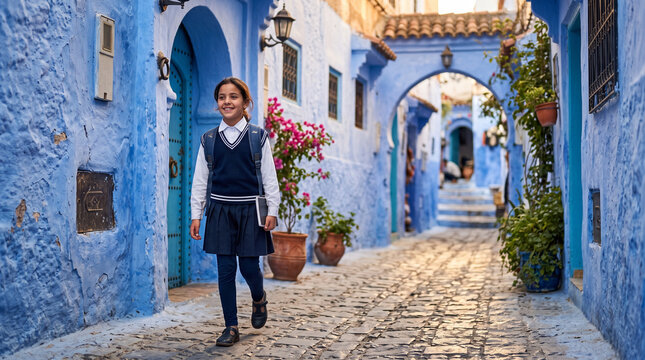 Smiling young schoolgirl walking through the vibrant blue painted streets of Chefchaouen