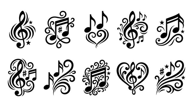 Decorative musical notes collection, 10 black music icons with floral swirls, elegant treble clef and heart symbols for creative design