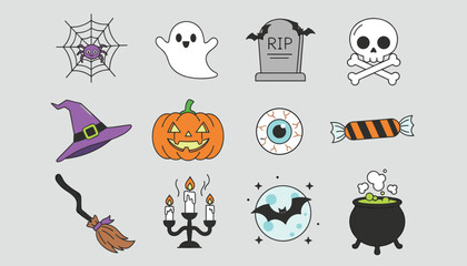 Obraz premium Halloween element collection featuring cute icons like a ghost, spider web, pumpkin lantern, witch hat, skull, and bat.