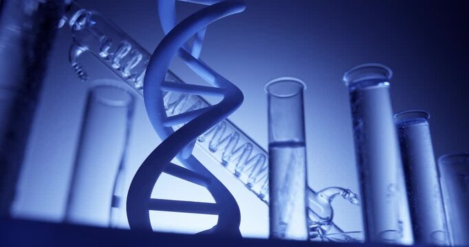 Slow motion dna helix model rotating among glass test tubes on laboratory bench with blue backlight scientific technical.