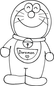 Joyful cartoon cat robot character smiling in simple line drawing style for children's media