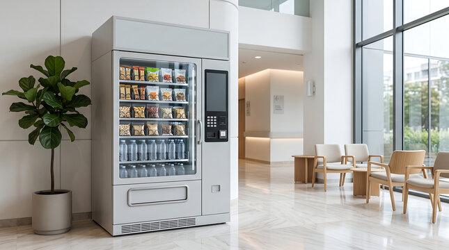 Modern vending machine stocked with snacks and drinks in a bright lobby