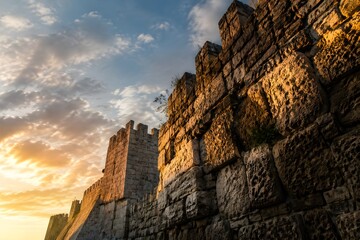Fototapeta premium Ancient Stone Fortress Wall with Rough Blocks Glows in Dramatic Golden Hour Architectural Light Photography