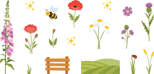 Wildflower and Meadow Botanical Element Set with Cute Bee, Poppy, Chamomile, Foxglove, and Wooden Fence Clipart for Kids Nature Designs © Sanjida Creative
