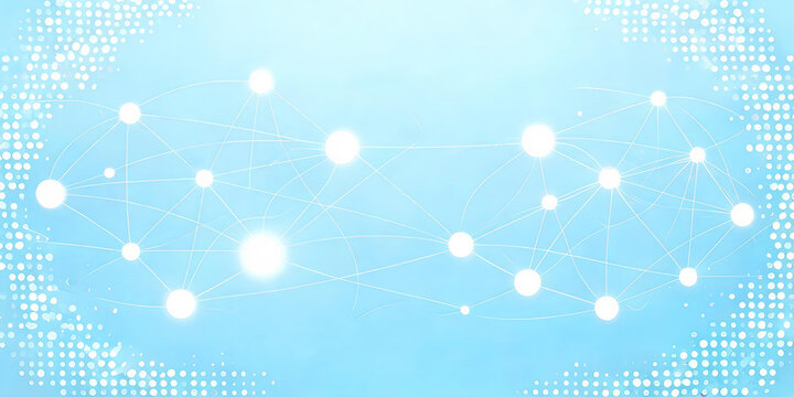 An abstract graphic of interconnected bright nodes forming a network, representing digital communication and data connection on a soft light blue background.