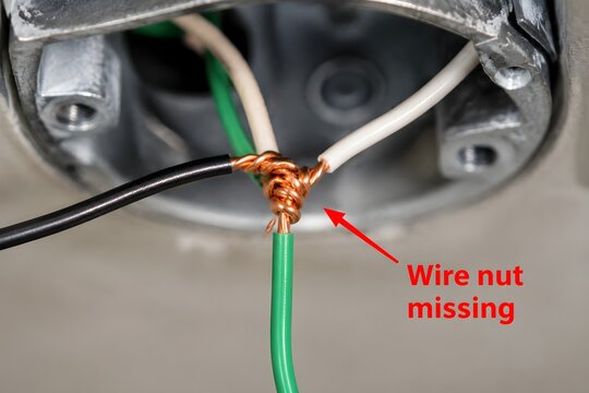 Missing Wire Nut on Three Wire Connection Reveals Dangerous Electrical Installation in Detailed Macro Closeup