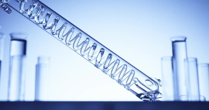 Slow motion glass condenser sliding into test tubes on laboratory bench for sample transfer, scientific technical background with blue backlight.