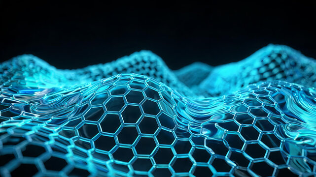 A 3D rendered glossy blue hexagonal nanostructure resembling wavy graphene, set against a dark background for scientific and technological representation.