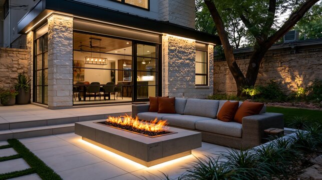 Patio features a modern stone fireplace and comfortable sofa setup during the twilight hours at a luxury residential home.