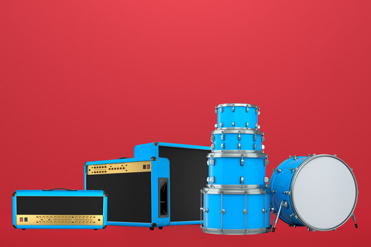 Set of drum kit and amplifiers over podium , isolated on colorful abstract background. Concept of sound and music equipment