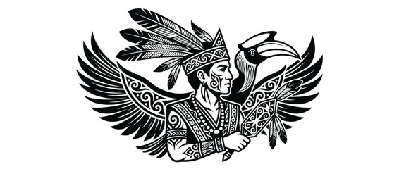 Tribal Warrior with Hornbill and Feather Headdress, Indigenous Art, Black and White Vector © Rizal