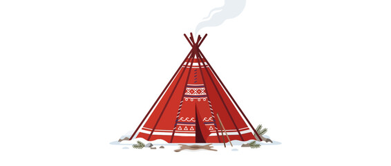 Cozy Red Teepee in Snowy Landscape with Smoke from Chimney © Rizal