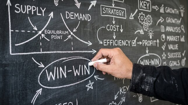 Business strategy, marketing plan, hand writing on chalkboard, win-win situation, financial growth