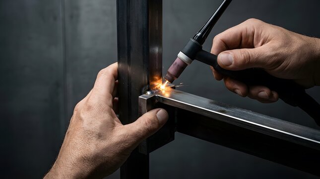 Closeup of a skilled welder performing TIG welding on a metal frame in a workshop.