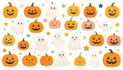 Naklejka premium 優しい色合いのハロウィンイラストセット 手描き風の可愛いカボチャとゴースト