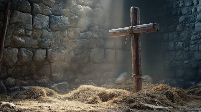 A rugged wooden pillory next to hay against the stone fortress wall