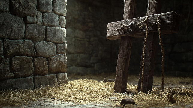 A rugged wooden pillory next to hay against the stone fortress wall