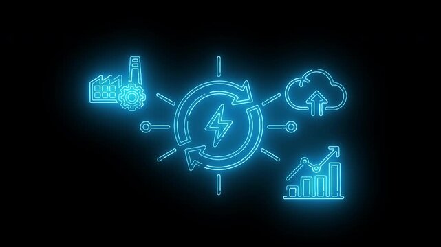 Neon blue glowing icons depicting business and technology concepts on a black background with a futuristic feel.