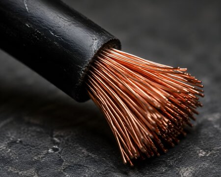 Power Cord Cut Cleanly with Splayed Copper Strands Captured in Detailed Macro Texture Photography Detail