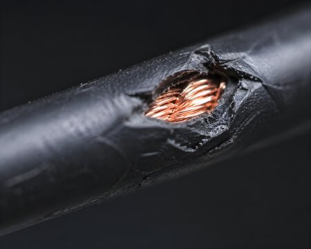 Nicked Electrical Cable Exposes Copper Core in Sharp Macro Detail for Safety and Repair Inspection