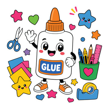 Happy glue bottle character with school supplies on white background