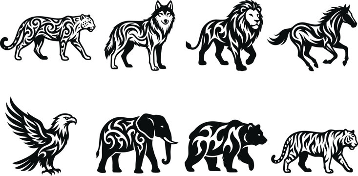 Set of black and white tribal style animal silhouettes including lion, wolf, eagle, and elephant