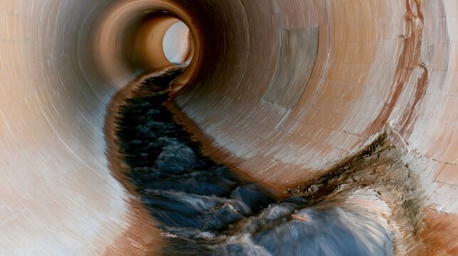 Round underground sewer tunnel with water flowing through a curved concrete pipe channel for infrastructure maintenance, civil engineering and urban utility documentary