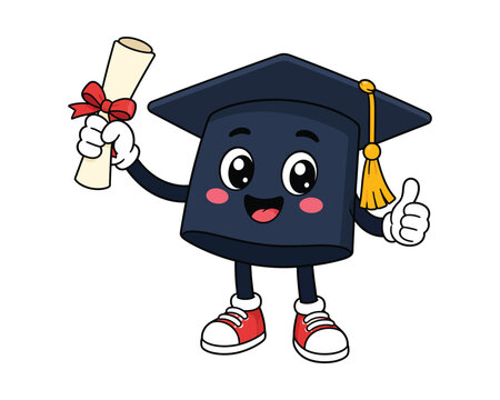 Cute graduation cap character holding diploma isolated on white