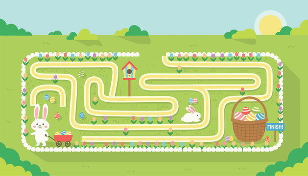 Easter themed maze puzzle board game for kids featuring cute white rabbits colorful eggs and a flower path.